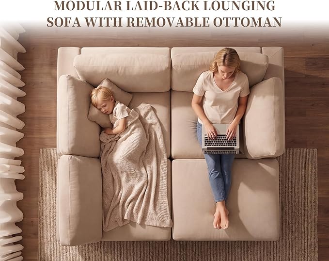 Modular Cloud Sectional Couches for Living Room, Oversized Modular Sectional Sofa with Ottoman, L Shaped 3 Seater Couch with Pillow, Light Camel