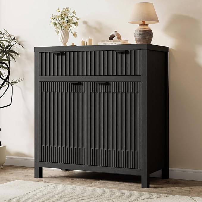 FLOWBACK Fluted Buffet Cabinet with Storage,34" Tall Kitchen Sideboard Cabinet Modern Credenza with Fluted Doors & Shelves Farmhouse Coffee Bar Media Console Accent Cabinets for Living Room, Entryway