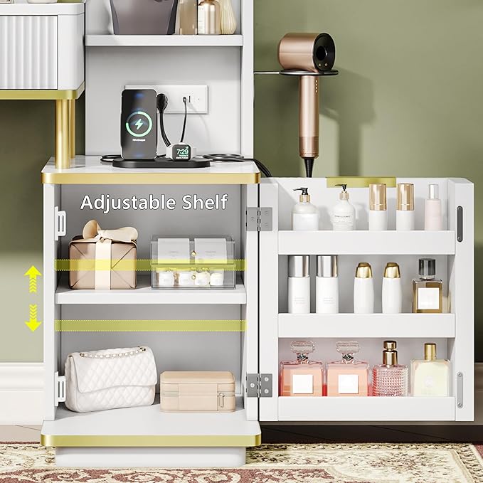 Einhomn Vanity Desk w/5x Magnifying Mirror, Fluted Makeup Vanity w/Mirror and Lights, Glass Top Vanity, Dressing Table w/Power Outlet & Drawers, Adjustable Shelves for Bedroom, Women & Girls, White