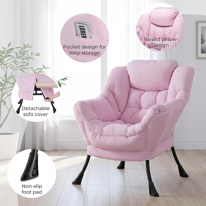 TLSUNNY Lazy Chair with Foldable Ottoman, Modern Comfy Lounge Chair, Large Sofa Armchair with Footrest and a Side Pocket, Reading Chair with Footstool for Bedroom, Living Room, Dorm (Pink)
