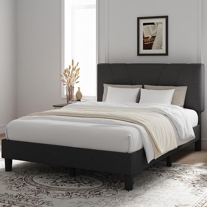 Novilla King Size Bed Frame with Adjustable Headboard Platform King Bed Frame Linen Fabric Upholstered Headboard, No Box Spring Needed, Noise-Free, Wooden Slats Support, Easy Assembly, Dark Grey
