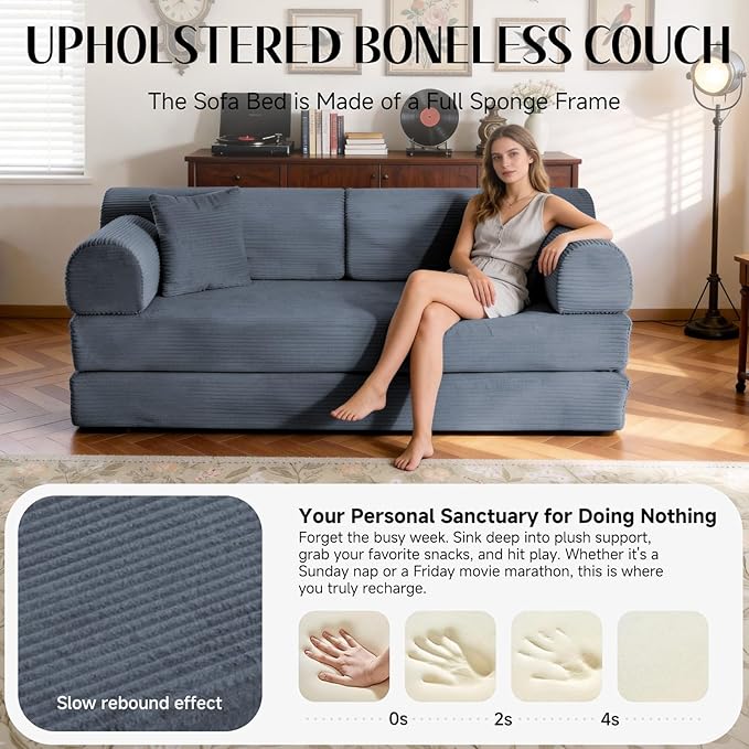 78.8" Convertible Sofa Bed with Detachable Arm Pillow, 6-in-1 Sectional Couches for Living Room, Corduroy Boneless Couch, Sleeper Loveseat Couch Bed, No Assembly, Gray Couch