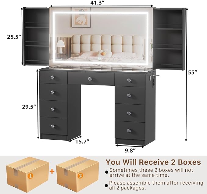 Makeup Vanity Desk with Large Mirror and Lights,Vanity Table with Glass Top,9 Drawers,3 Color Modes,Sliding 2 Wall Mounted Jewelry Storage Racks,Suitable for Bedroom Ladies and Girls (Black)
