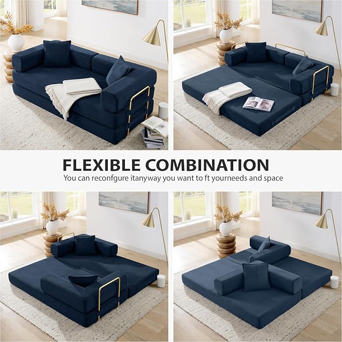 78 Inch Convertible Sleeper Sofa Bed, Folding Floor Mattress Couch with Fixed-Shape Frame, Futon Boneless Couch Lounge Loveseat with Pull Out Bed, No Assembly Required (Blue, 78" Loveseat Sofa Bed)