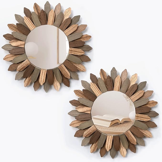 Honiway Boho Wall Decor Mirror 2 Pack 12 inch Rustic Wood Decorative Mirror for Room Decor Rustic Farmhouse Wall Decor for Bedroom Bathroom Living Room Entryway Tril Color
