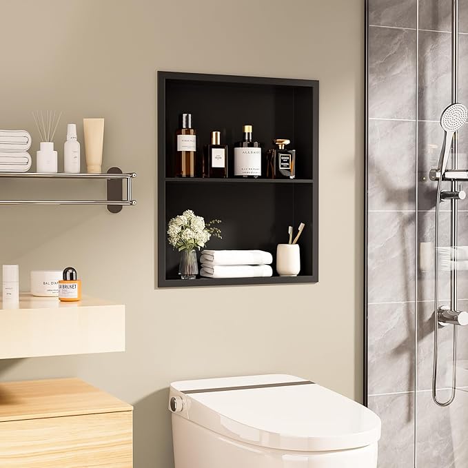 14x18 Recessed Medicine Cabinet, Bathroom Wall Cabinet, 304 Stainless Steel Recessed Wall Niche with 2-Tiers Shelves, Matte Black