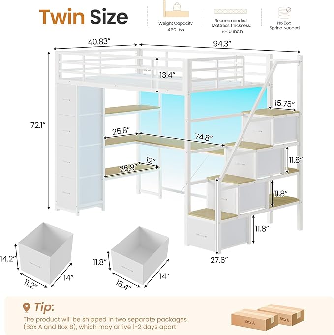 DICTAC Loft Bed Twin Size with Storage Stairs,Desk and Charging Station,Metal Twin Loft Bed with LED Lights,8 Storage Drawers,3-tier Shelves,Loft Beds for Kids,Teens,Adults with Safety Guardrail,White