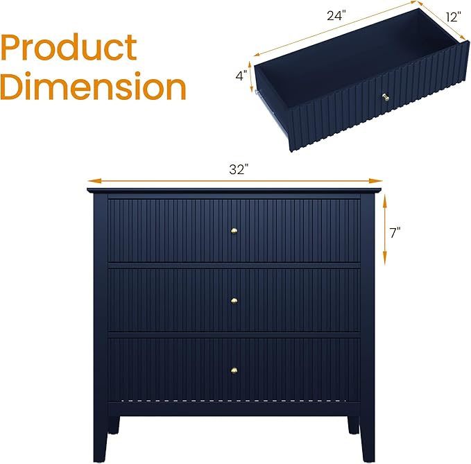 RoyalCraft 32" Large Nightstand Set of 2, Fluted Painted Bedside Table with 3 Spacious Drawers, Modern Tall End Table for Bedroom, Blue