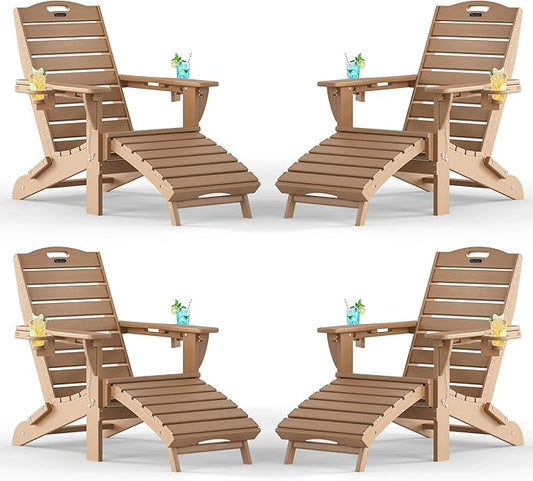 Adjustable Adirondack Chairs Set of 4 with Retractable Ottoman, HDPE Folding Adirondack Chair with Cup Holders, Weather Resistant for Backyard, Poolside & Fire Pit (Teak)