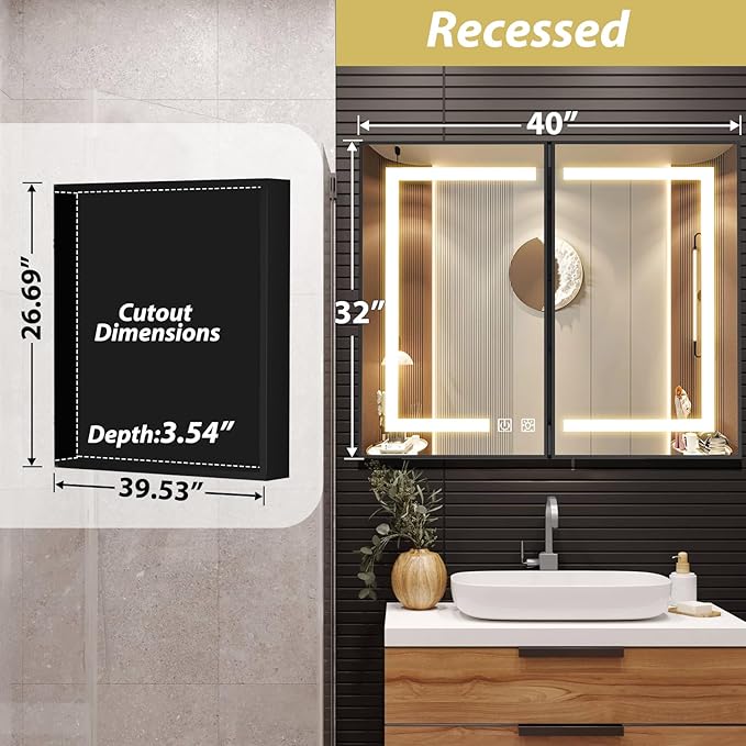 APRILSOUL 40x32 Inch Lighted Bathroom Medicine Cabinet with Mirror, Black Recessed or Surface Mount Medicine Cabinet Mirror with Storage and LED Lights, 3 Colors Temperature, Dimmable Light