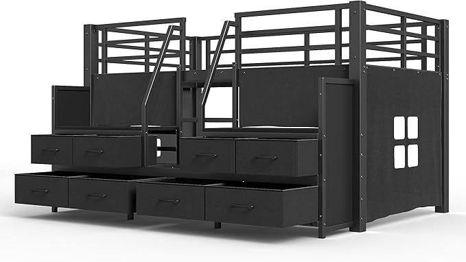 Bellemave Twin Size Loft Bed with 8 Non-Woven Fabric Storage Drawers and Bookshelf, Low Loft Bed with Lights and Private Play Curtain, Twin Loft Beds with High Rails, Noise Reduced Black