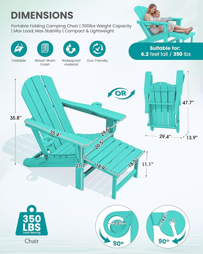 SERWALL Folding Adjustable Adirondack Chairs with Footrest Set of 2, HDPE Outdoor Chair with Dual Cup Holders, All Weather Adirondack Chair with Ottoman, Aruba