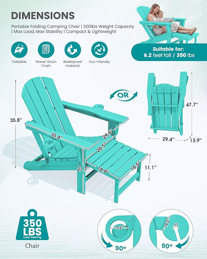 SERWALL Folding Adjustable Adirondack Chairs with Footrest Set of 4, HDPE Outdoor Chair with Dual Cup Holders, All Weather Adirondack Chair with Ottoman, Aruba