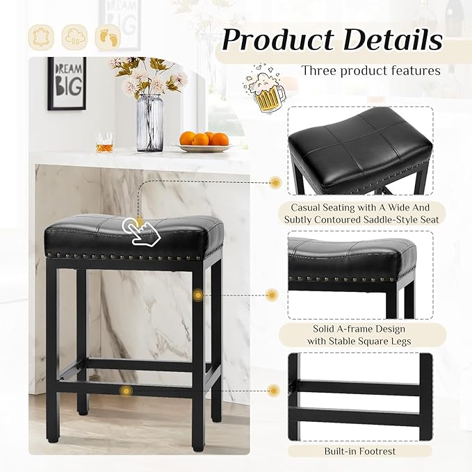 Sweetcrispy 24 inch Bar Stools Set of 4, Upholstered Modern Counter Height Bar Stools for Kitchen Island Modern PU Leather Sadless Stools Chair with Metal Base and Footrest,Black