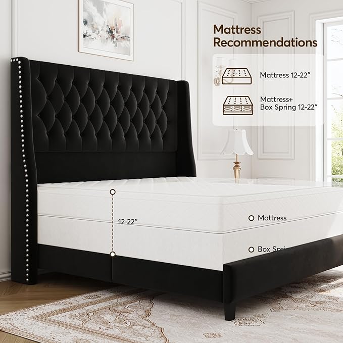 Queen Bed Frame with 55" Tall Headboard, Upholstered Black Bed Frame Queen, Soft Fabric, Button Tufted Headboard with Windback, Platform Bed, Noise-Free, No Box Spring Needed