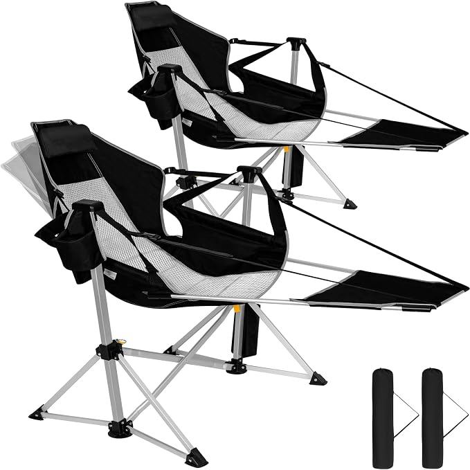 2 Pack Oversized Swing Hammock Camping Chairs with Footrests & Headrests, 440LBS Aluminum Reclining Outdoor Lounge Chairs, 49" Tall Folding Chairs with Cup Holders,Black