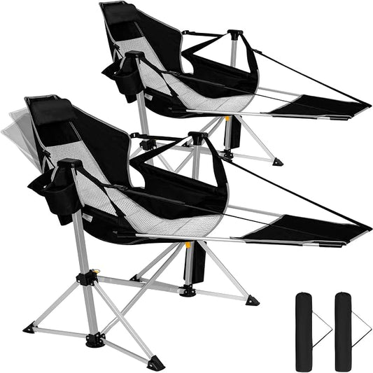 2 Pack Oversized Swing Hammock Camping Chairs with Footrests & Headrests, 440LBS Aluminum Reclining Outdoor Lounge Chairs, 49" Tall Folding Chairs with Cup Holders,Black