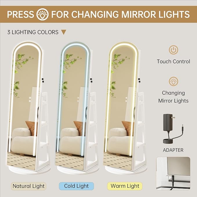 Arched Swivel Jewelry Cosmetics Armoire Cabinet Standing with Full Length Mirror, Lockable Jewelry Organizers Storage with 3 Color LED Lights & Interior Vanity Mirror Rear Storage Shelves White