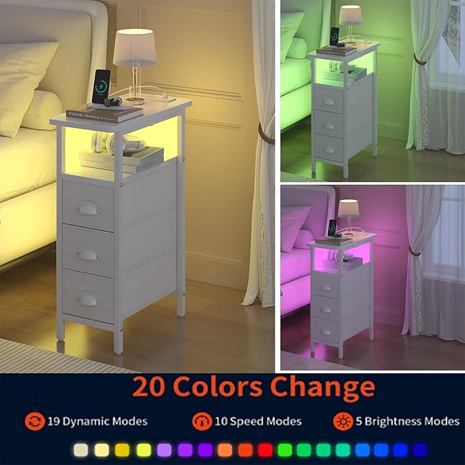 sthmec End Table with Charging Station,LED Side Tables with USB Ports and Outlets,Skinny Bedside Tables with 3 Drawers,Small Tabls Nightstands for Small Space,Slim Sofa Table for Livingroom, White
