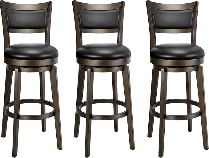 PrimeZone Swivel Bar Stools Set of 3, 30 Inch Bar Height Barstools, Black Faux Leather Bar Stool with High Backrest & Solid Wood Legs & Wrap-Around Footrest, Counter Stools for Kitchen Island, Pub