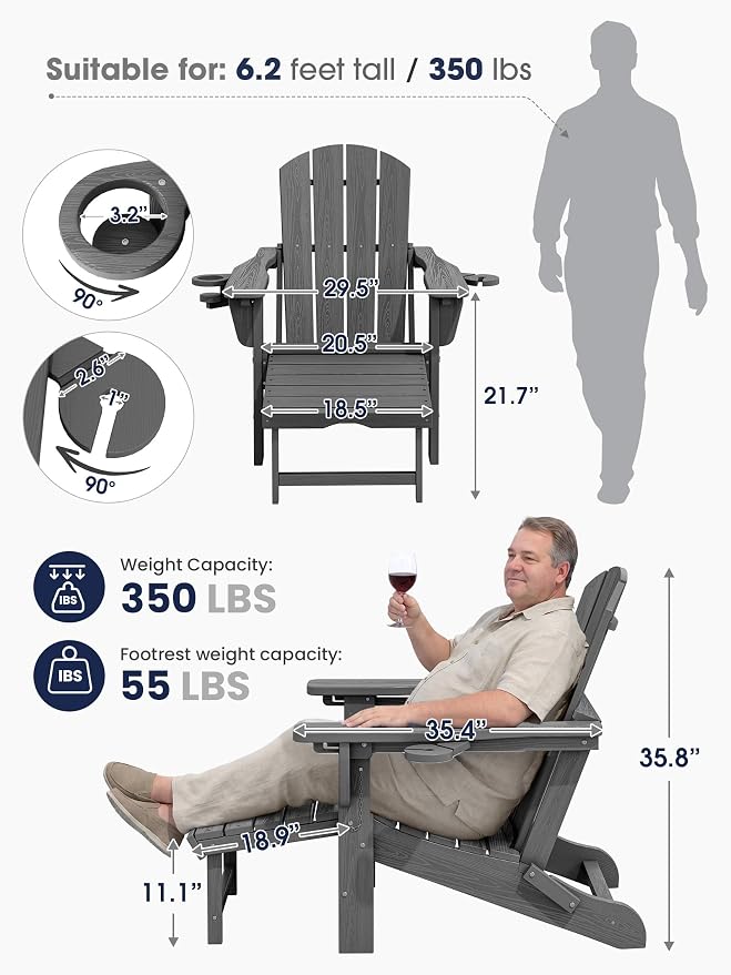KINGYES Adjustable Folding Adirondack Chairs with Footrest & 2 Cup, HDPE Recliner Adirondack Chair with Ottoman, Grey