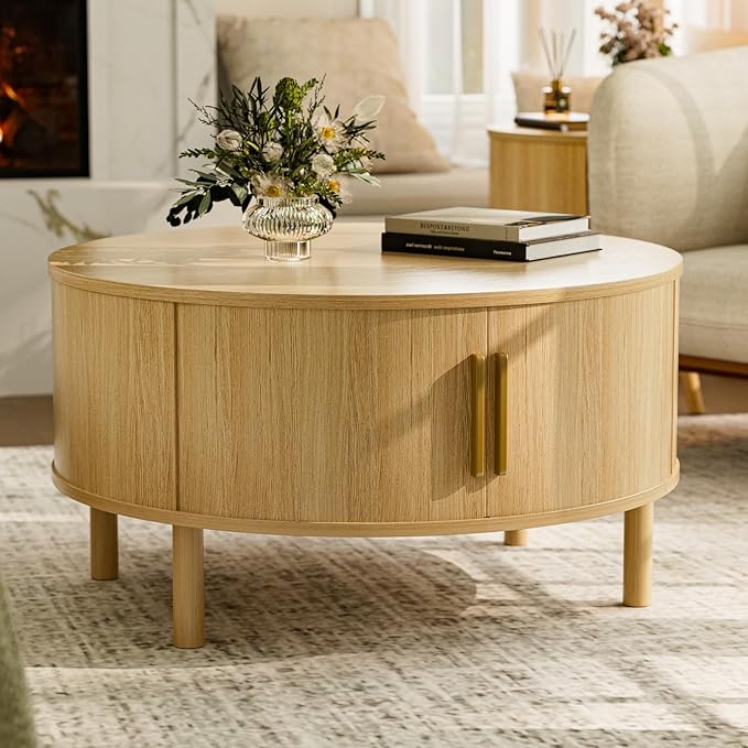 ZttRiee Coffee Table for Living Room, Modern Round Coffee Table with Cabinets & Sliding Doors, Home Small Space, 29.9" Fluted Center Table, Natual