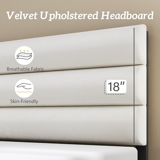 Fluest Full Bed Frame, Platform Bed Frame with Velvet Upholstered Headboard, No Box Spring Needed, Sturdy Metal Support, Noise Free, Easy Assembly, Modern Bedroom Furniture, Beige