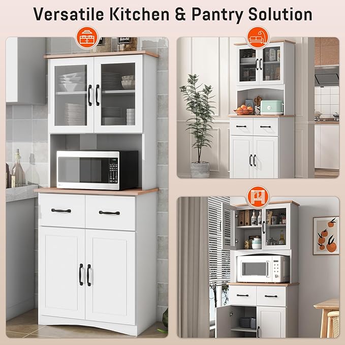 67" Kitchen Pantry Cabinet with Glass Doors & Drawers, Adjustable Shelves, Anti-Tip, Space-Saving Microwave Stand for Small Kitchens