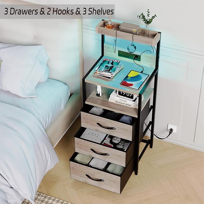 SZLHANJZ Night Stand with Charger Station, 3 Drawers Nightstand with Storage and LED Lights, Shelves, and Hooks, Bed Side End Table for Bedroom Dorm, Greige