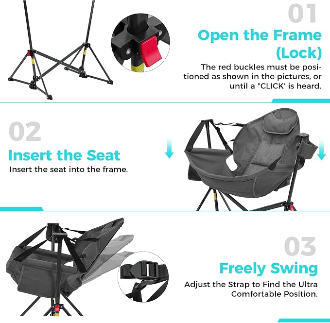 Ainfox Hammock Camping Chair, Foldable Portable Rocking Chairs for Adults Outside Swinging Camp with Cup Holder Pillow for Outdoor Patio Poolside (Grey)