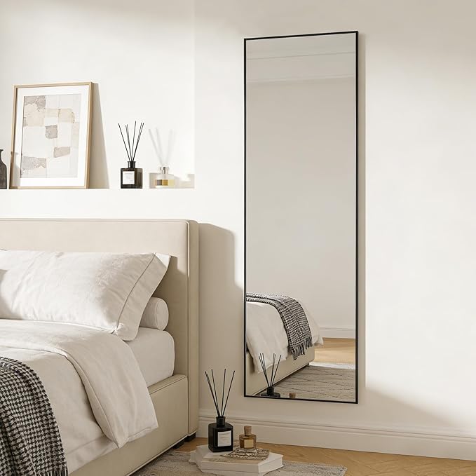 Ruomeng 51x16 Inch Full Length Door Hanging Mirror, Rectangle Full Body Mirror Over The Door, Wall Mounted Metal Aluminum Framed, Tempered Glass Mirror for Bathroom Entryway Bedroom Living Room