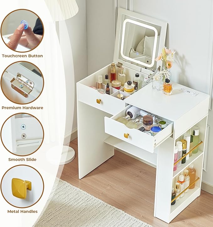 Vanity Desk with Flip Top Mirror,White Makeup Vanity Table with 3 Color Light and Brightness Adjustable, Side Organizer Small Vanity with Storage Compartment, Writing Desk for Bedroom