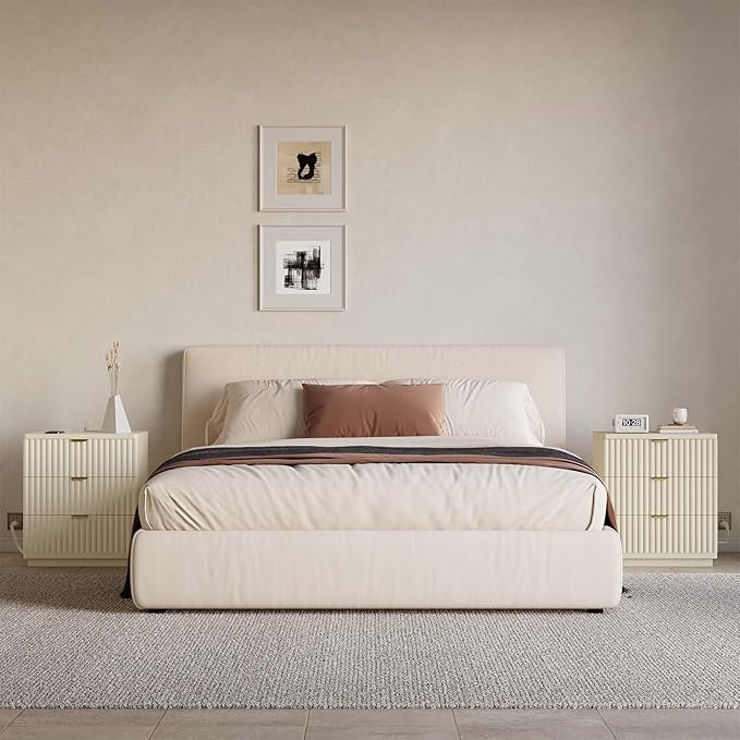 Nightstand with Charging Station, Wood Night Stand with 3 Drawers Storage Bedside Table Large Fluted Bed Side End Table, Modern Nightstand for Bedroom Living Room (Beige)