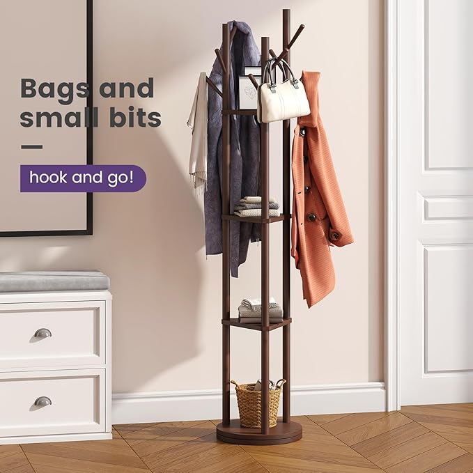 Rotating Coat Rack, Freestanding Coat Rack with 3 Shelves and 9 Hooks Clothes Organizer Coat tree for Bedroom, Entryway, Livingroom (Brown)