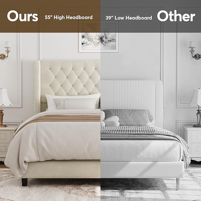 Full Bed Frame with 55" Tall Headboard, Upholstered Bed Frames, Soft Fabric, Button Tufted Headboard with Windback, Platform Bed, Noise-Free, No Box Spring Needed, Beige