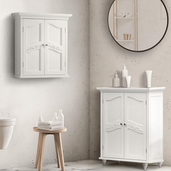 Teamson Home Versailles 22" x 24" Bathroom Wall Cabinet with Doors and Adjustable Shelves, White Medicine Cabinet for Storage in Bathroom, Kitchen, Laundry, Office, Garage, Above Toilet