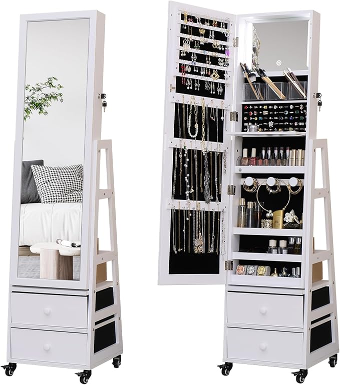 Jewelry Cabinet Standing Mirror with Drawers Wheels Full Length Mirror Jewelry Storage with Touch Screen Vanity Mirror Rotatable Jewelry Armoire Organizer with Lock White Christmas Gift for Women
