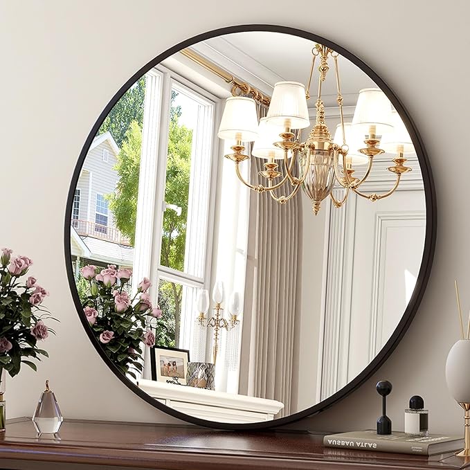 XRAMFY 36 Inch Round Mirror - Circle Mirrors for Bathroom, Entryway and Living Room Wall Decor, Modern Hanging Vanity Mirror, Matte Black Circle Decorative Wall Mirror
