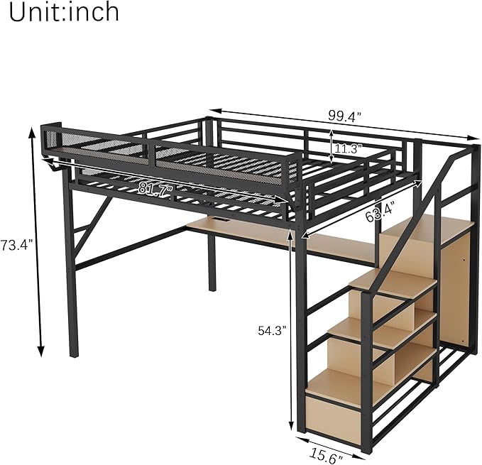 KEIKI Queen Size Metal Loft Bed Frame with Desk, Staircase, Built-in Storage Shelves and Wardrobe, Modern Loft Bed with Solid Slat, Guardrail, No Box Spring Required, Easy Assembly, for Bedroom, Black