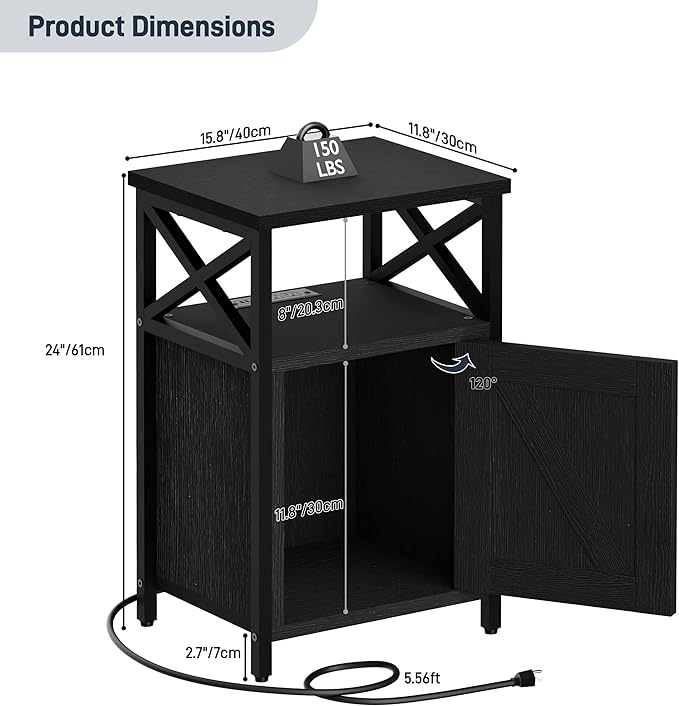 runjuly Wooden Nightstand with Charging Station, Bed Side Table with Drawers, Bedside Table with Lock, 3 USB & 2 Outlets, Night Stand with Cabinet Storage, End Table for Bedroom, Black