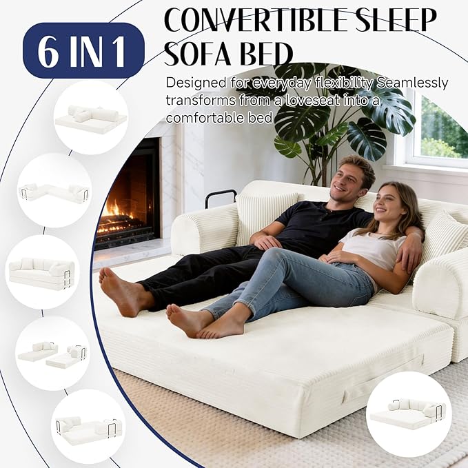 78.8" Convertible Sofa Bed with Detachable Arm Pillow, 6-in-1 Sectional Couches for Living Room, Corduroy Boneless Couch, Sleeper Loveseat Couch Bed, No Assembly, Beige Couch