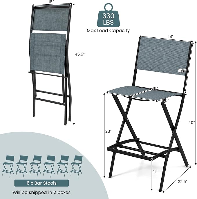 COSTWAY Outdoor Patio Bar Chair Set of 6, Folding Counter Height Stool with Metal Frame & Footrest, Patio Bar Stool for Balcony, Garden & Poolside (6, Blue)