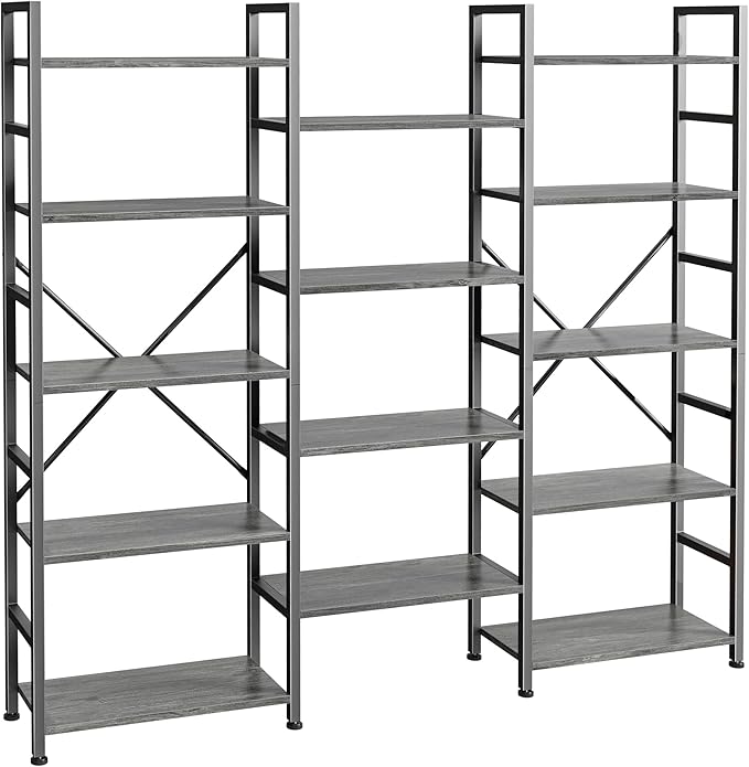 SUPERJARE Triple Bookshelf, Bookcase with 14 Open Display Shelves, Wide Book Shelf Book Case for Home & Office, 5 Tier, Grey