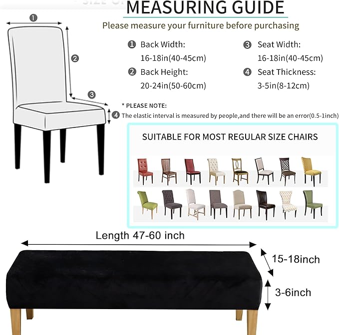 FORCHEER Black Velvet Dining Chair Covers with Bench Slipcover for Dining Room Stretch Dining Table Chair Covers 4 and A Bench Cover Removable Washable
