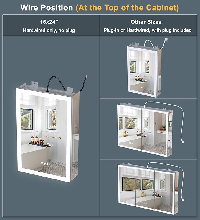 16x24 Inch Medicine Cabinet with Lights, AL Alloy Frame, Hardwired, Recessed or Wall Mount, Mirror Doors/3 Colors/Dimmable/Defog, 2 Outlets & USBs, 2 Shelves (Right Hinge)