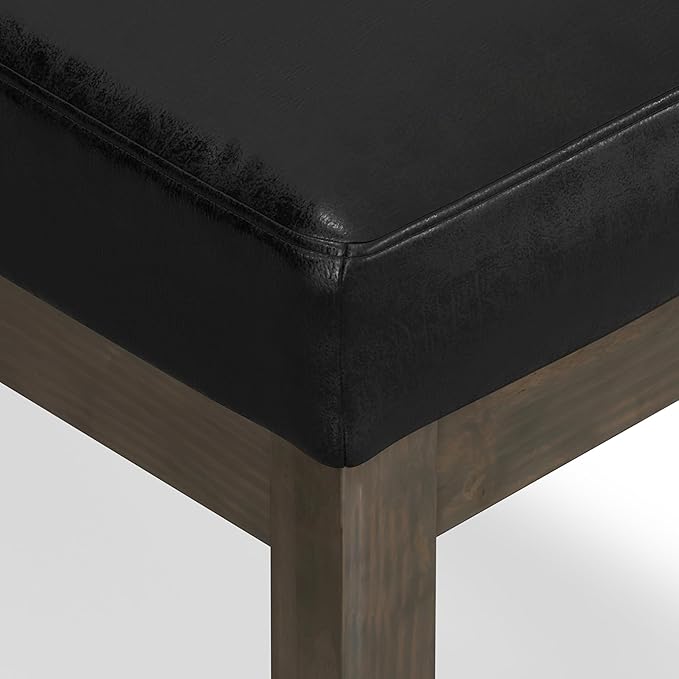 SIMPLIHOME Milltown Small Ottoman Bench - 27" Wide x 18" High Upholstered Vegan Leather Rectangle Footstool Ottoman in Distressed Black, Contemporary Bench for Bedroom with Cushioned Seat, Assembled