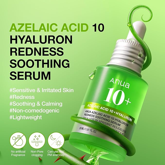 Anua Azelaic Acid 10 Hyaluron Redness Soothing Serum, Facial Serum for Blemish-Prone & Oily-Prone Skin, Lightweight & Hydrating Blemish Care, Hyaluronic Acid, Korean Skincare, 1.01 fl oz.