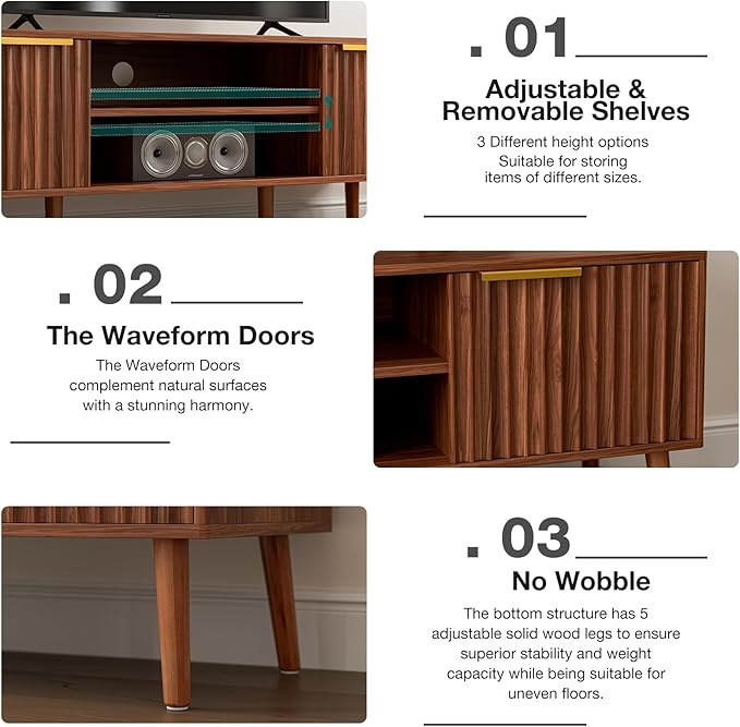 LCRBOL TV Stand for Living Room, Mid Century Modern Entertainment Center for 55/60 inch TVs, TV Console with Fluted Door Cabinets and Open Shelves, for Bedroom, Walnut