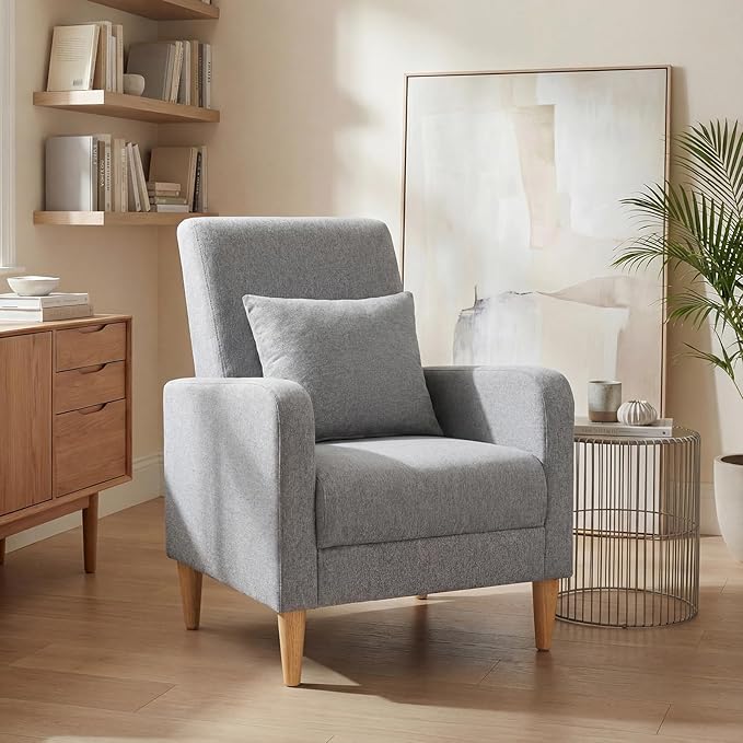 COLAMY Mid-Century Modern Upholstered Accent Chair with Back Pillow & Solid Wood Legs, Fabric Cozy Armchair for Living Room, Bedroom, Reading Nook, Apartment & Small Spaces, Lightgrey