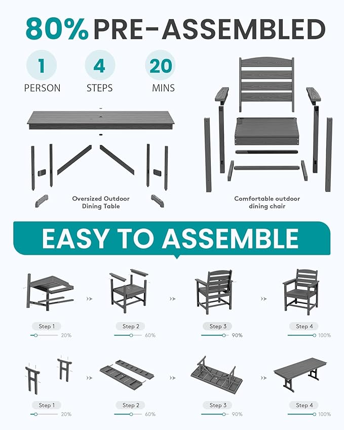 SERWALL 9 Piece Outdoor Dining Set, 84" HDPE Outdoor Table and Chairs for 8，All Weather Patio Furniture Set with Umbrella Hole for Backyard, Garden, Gray